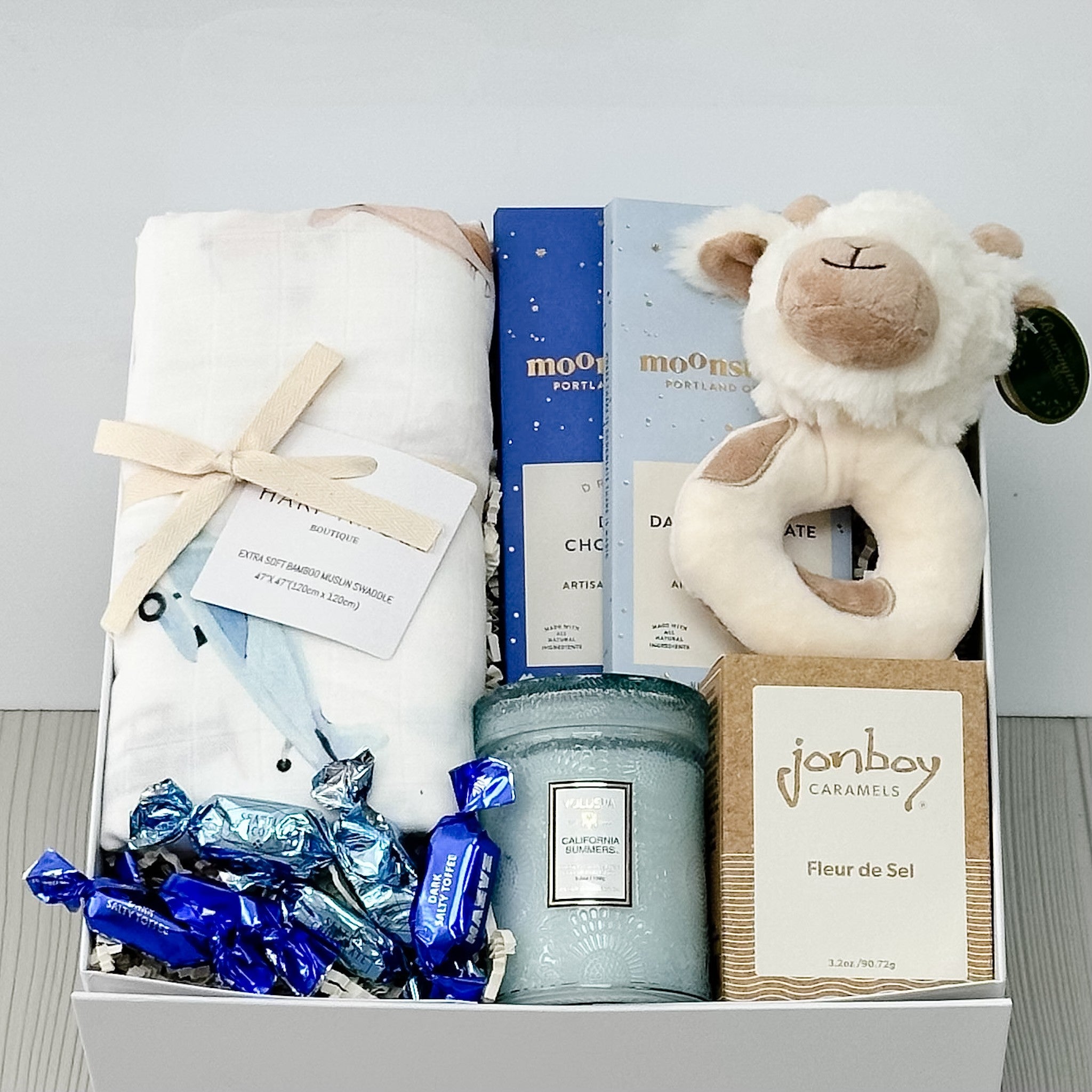 airplane swaddle blanket, giraffe rattle, candle, caramel, chocolate all included in our born to soar gift basket