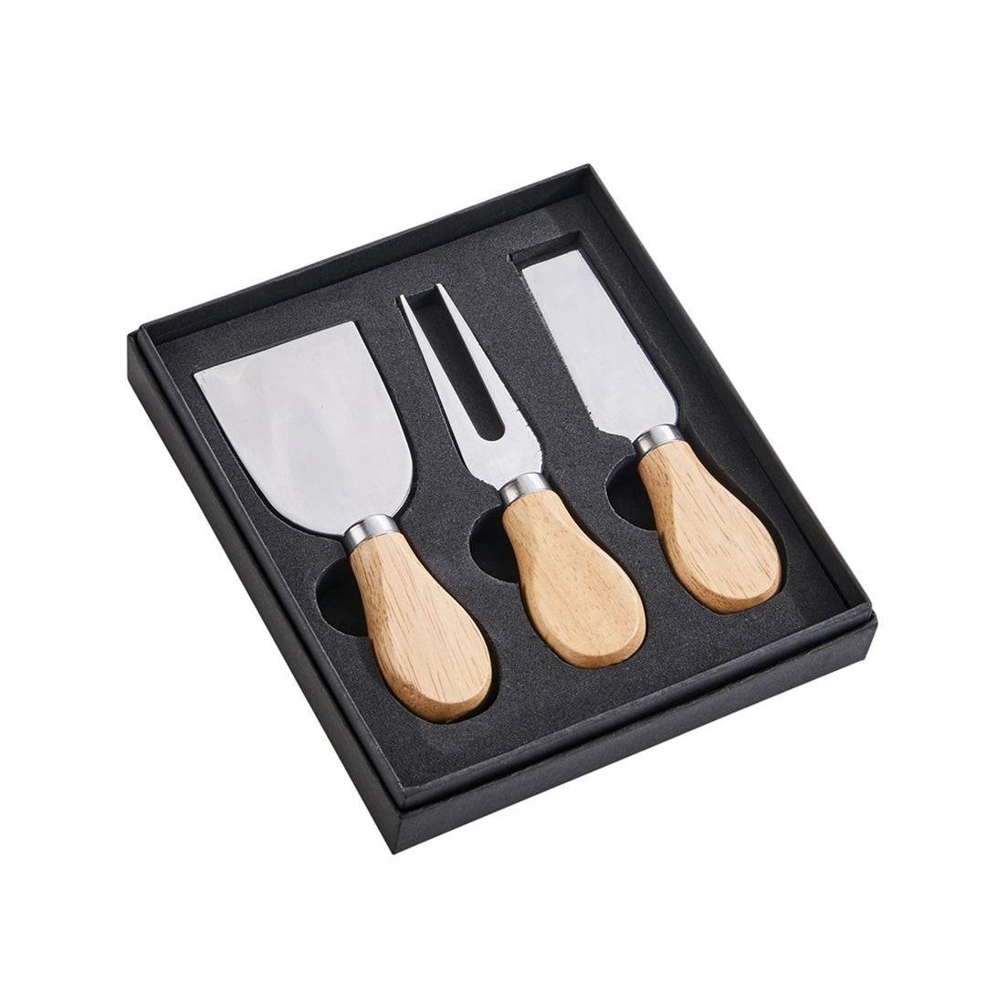 Set of three cheese tools with wooden handles in a black box on a white background