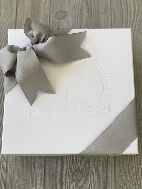 closeup of the gift box used in the teddy bear hugs gift basket