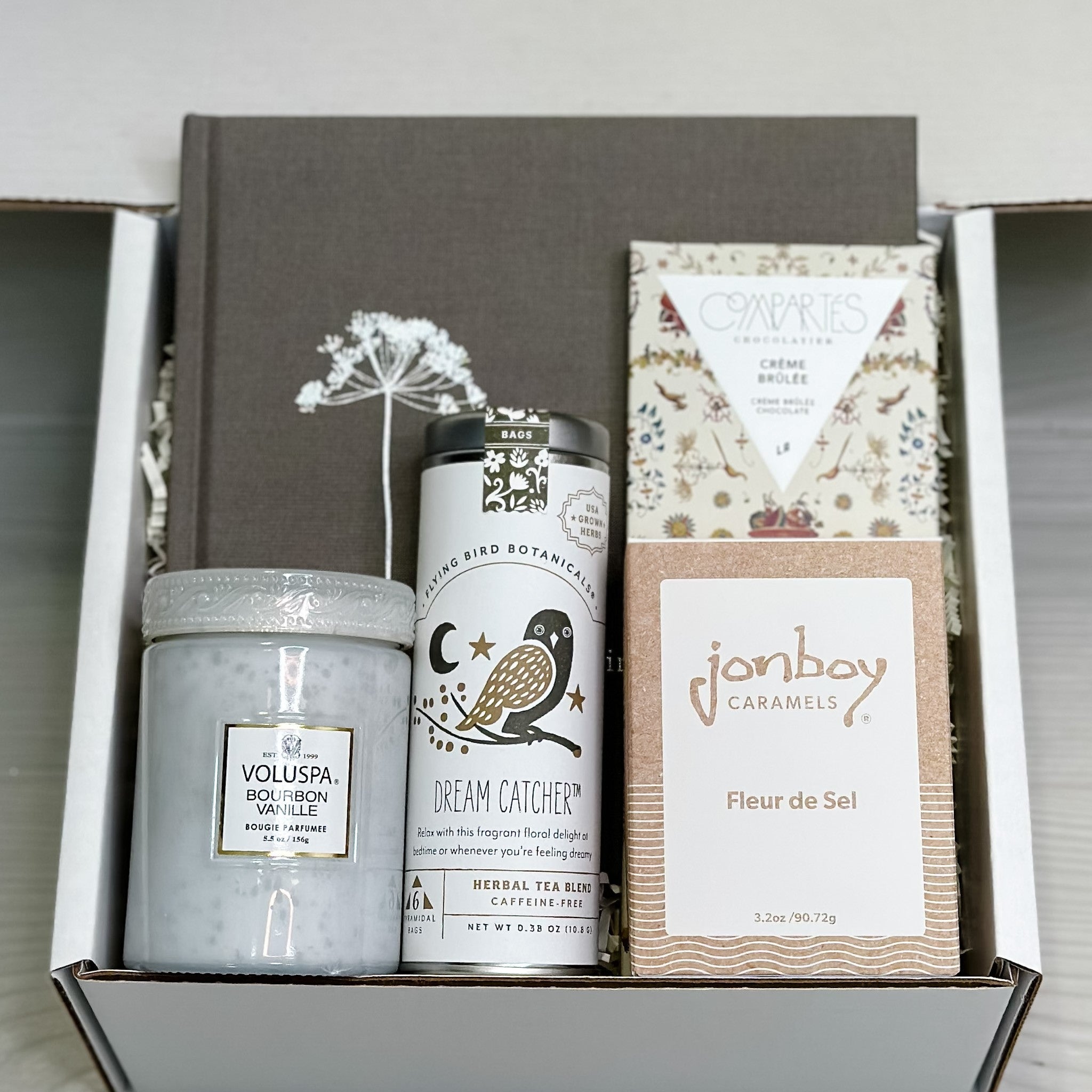 in loving memory book, chocolate, caramel, tea and candle in our sympathy gift basket