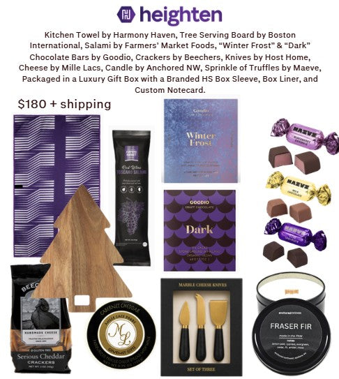 Gift bundle includes snacks, cutting board, kitchen towel, candle in the Heighten brand colors