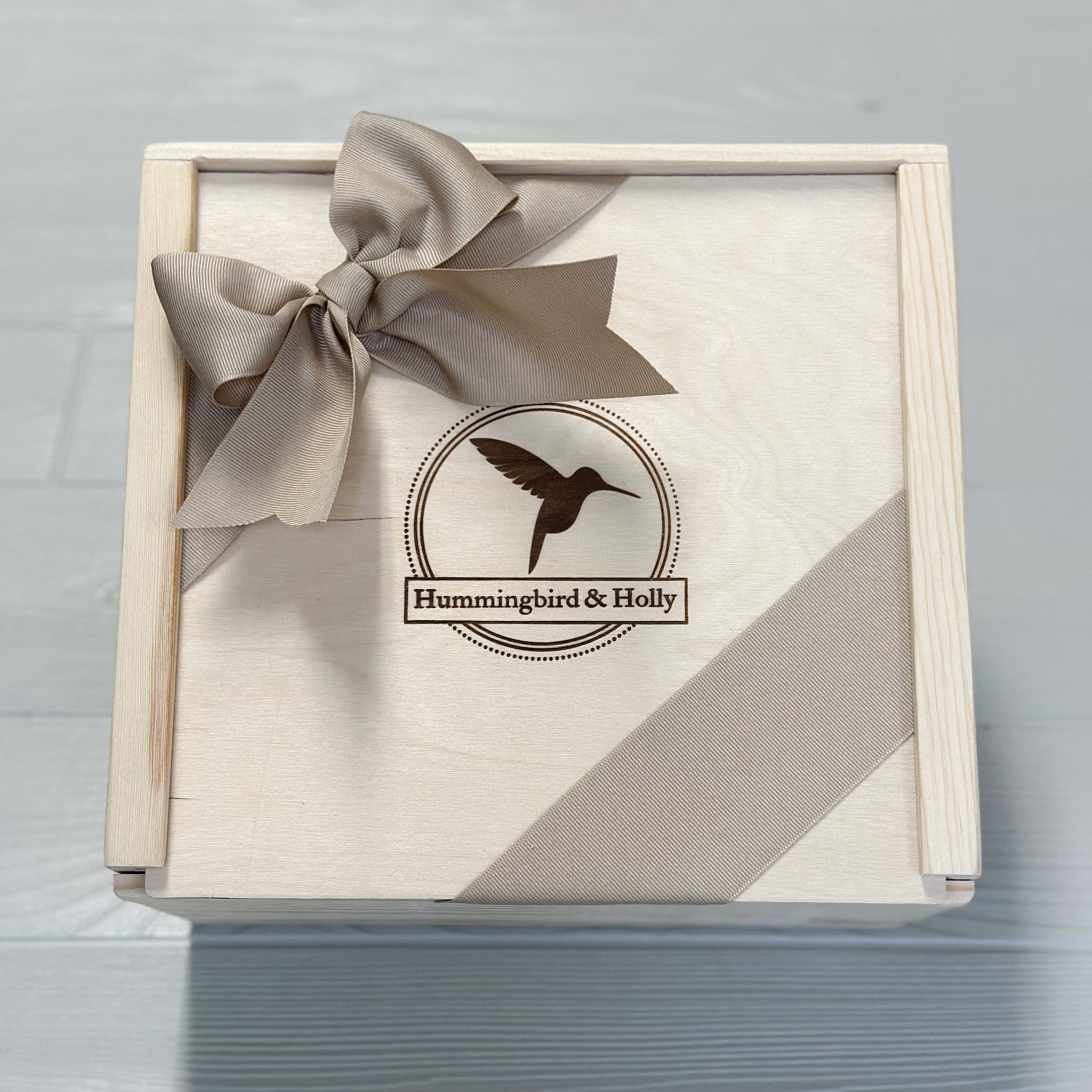 close up of our locally made wooden slide lid box include in our joyous brunch gift basket