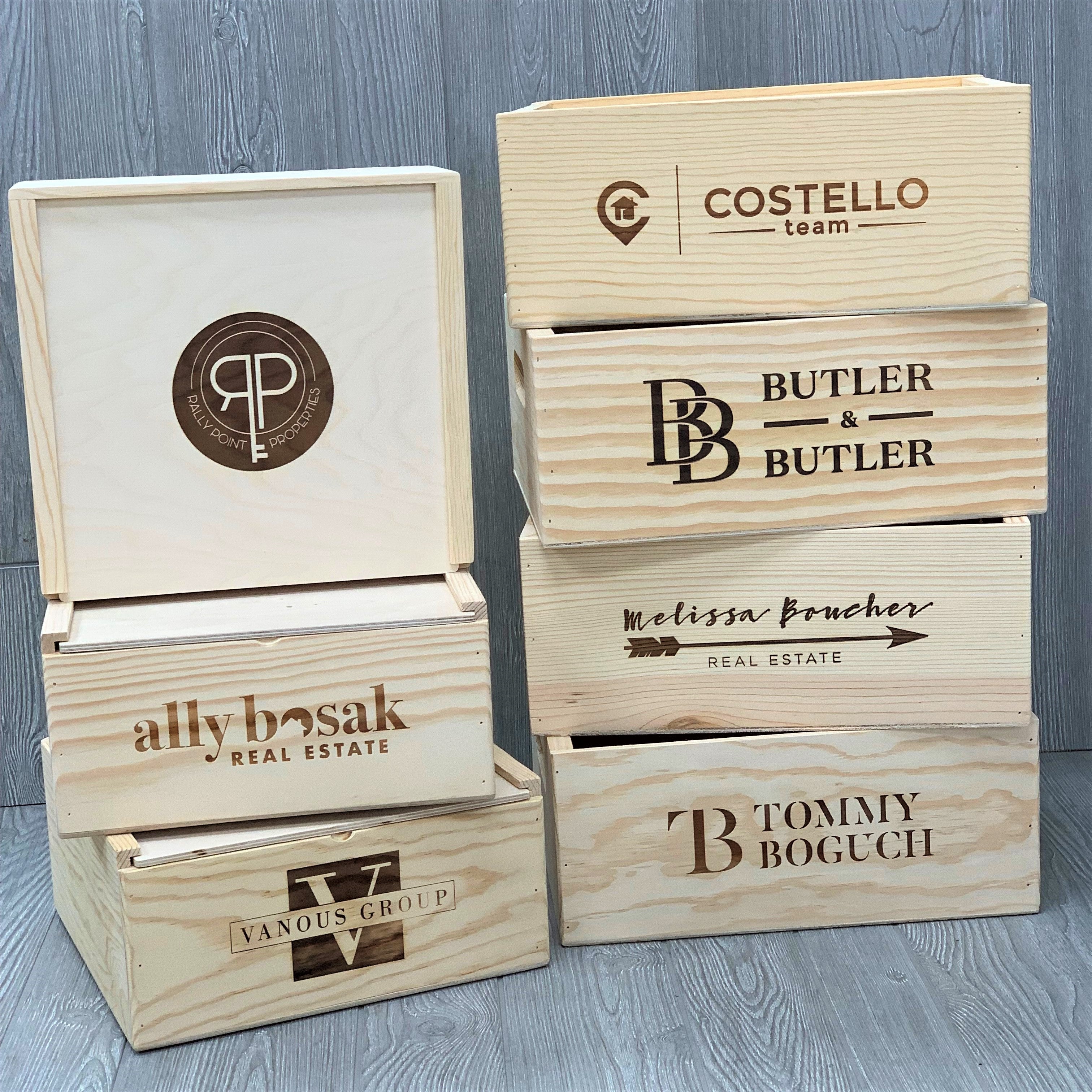 seven custom gift baskets with custom real estate agent logos