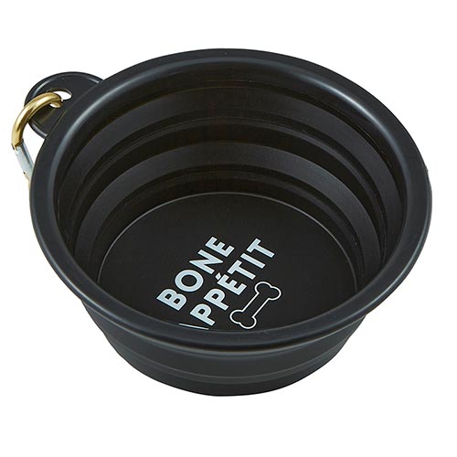 close up of the collapsible dog bowl included in our puppy love gift basket.