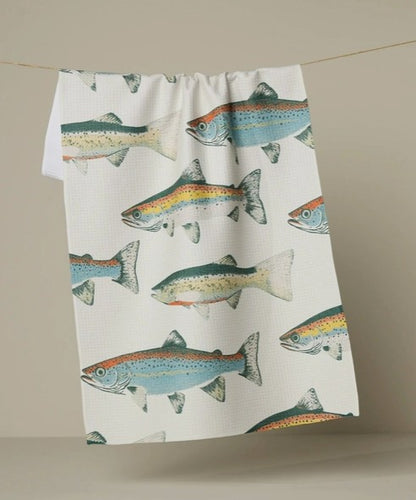 close up of fish dish towel. 