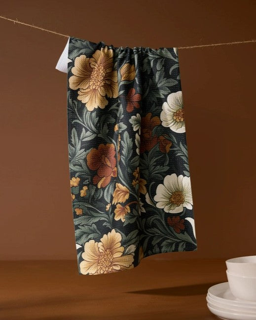 close up of fall floral dish towel.