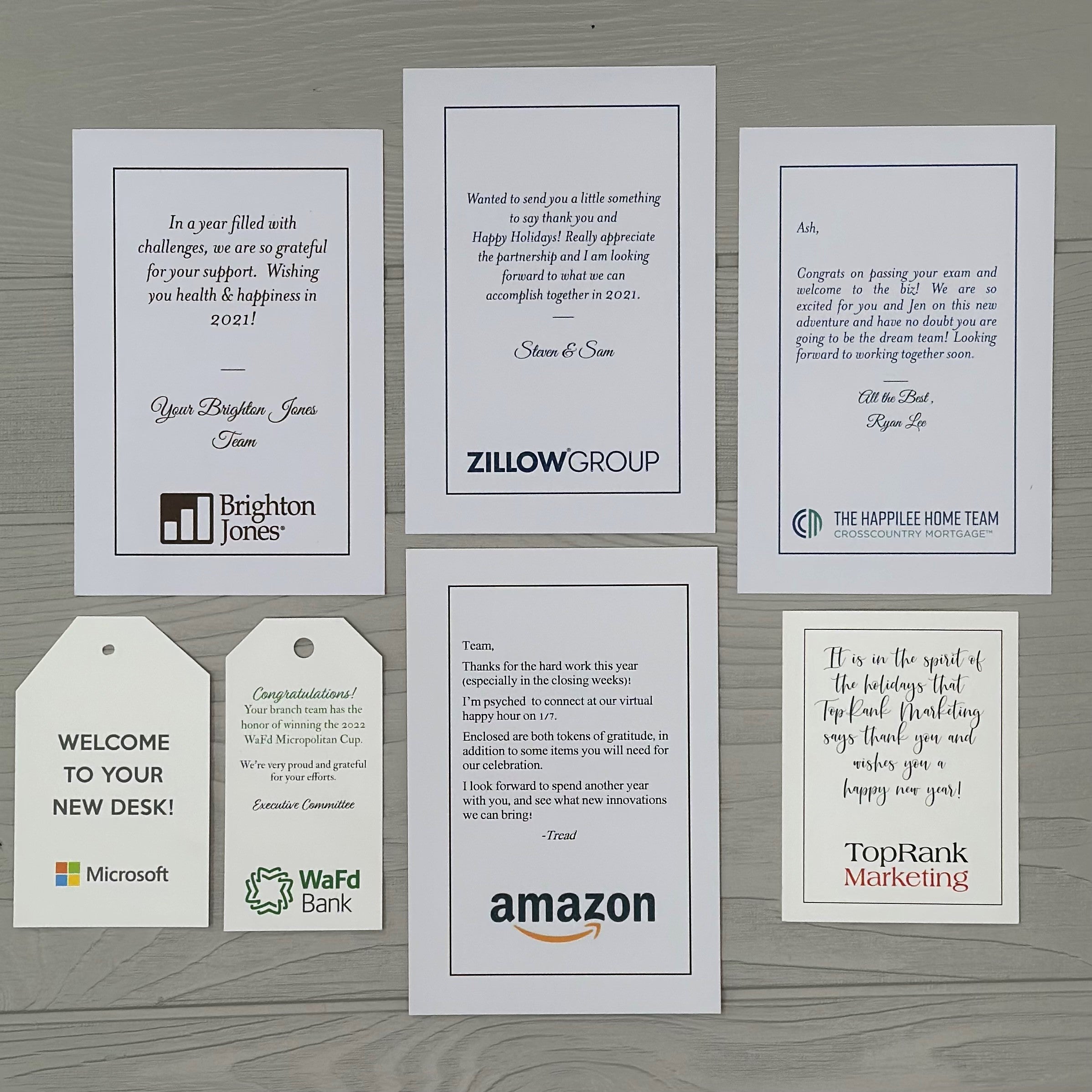 seven custom notecards with corporate logos, Amazon, Microsoft, WaFd Bank, Zillow, Brighton Jones