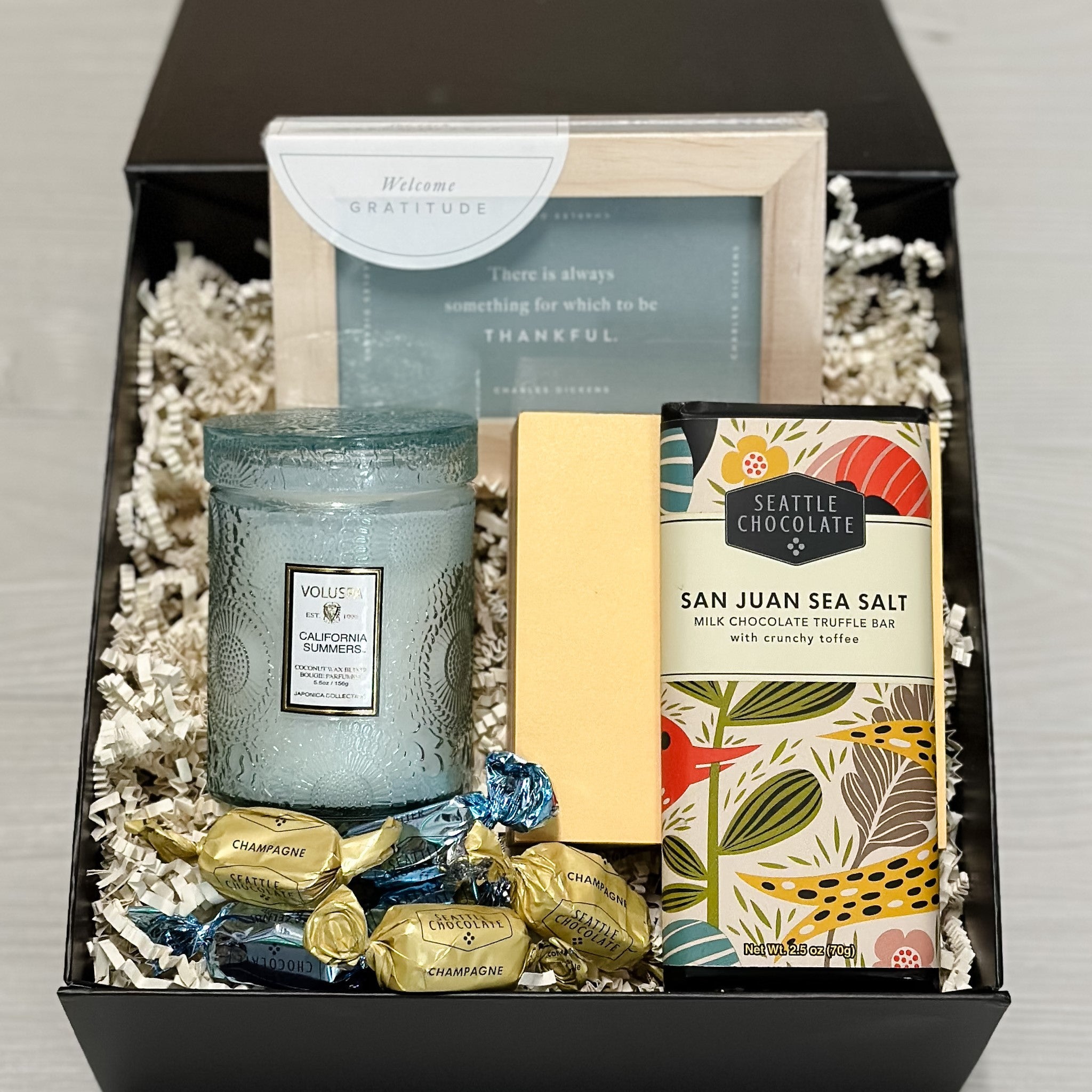 thankful notecards, luxury notepad, scented candle, truffles all packaged in our gratitude wishes gift basket