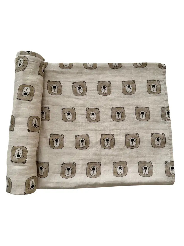 Close up of teddy bear swaddle blanket.