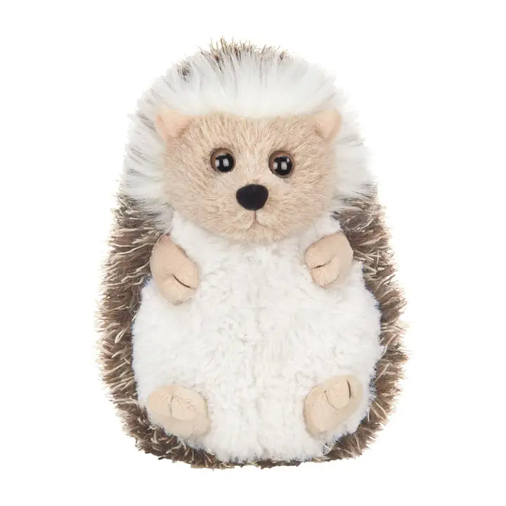 Plush toy hedgehog with a white belly and brown spines on a white background.