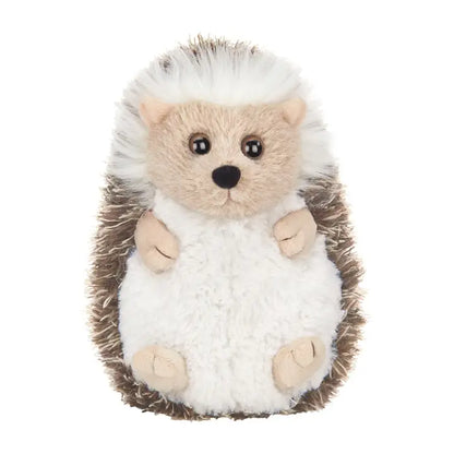 Plush toy hedgehog with a white belly and brown spines on a white background.