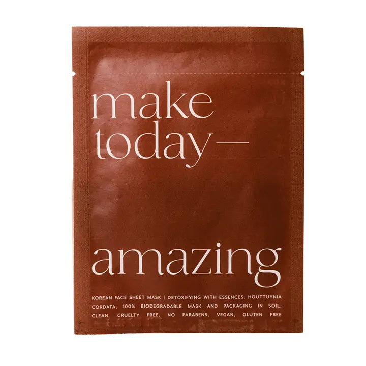 Brown face mask packaging with 'make today amazing' text on a white background