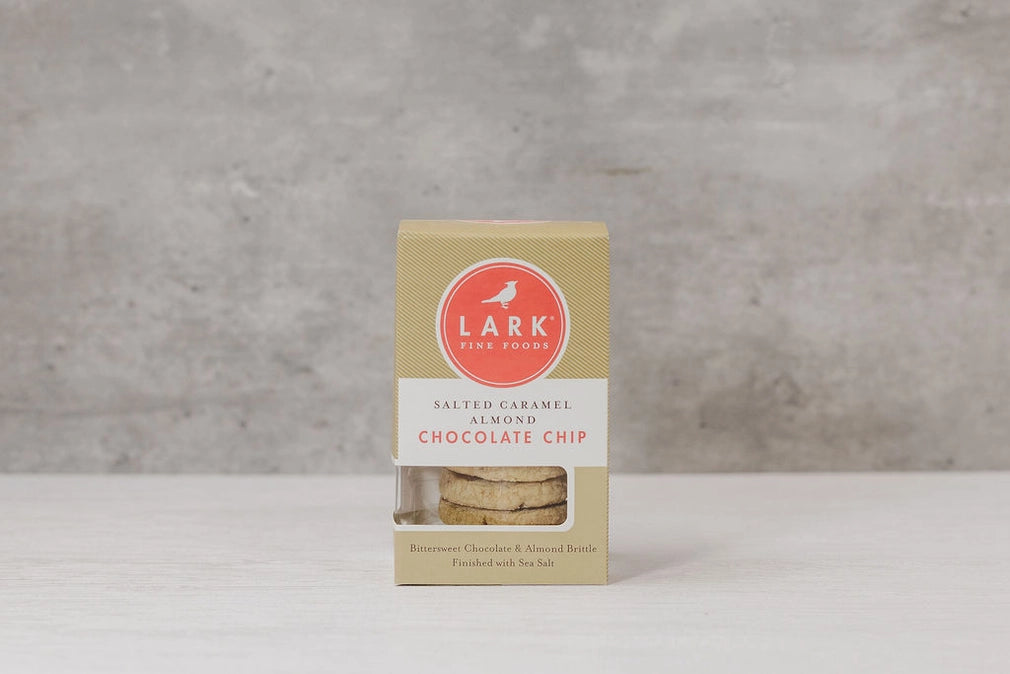close up of the salted almond chocolate chip cookies by lark packaged in our tea and cookies gift basket
