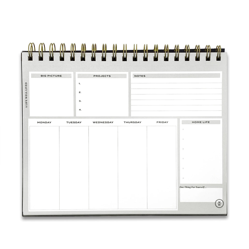 Weekly planner with daily time slots and sections for big picture, projects, notes, and home life on a white background.