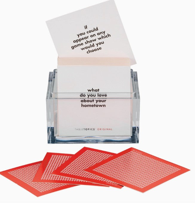 close up of tabletopics included in our family fun night gift basket